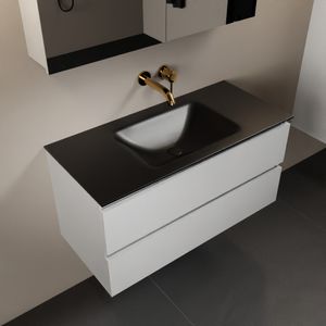 MONDIAZ AIVY 100cm badmeubel Talc, wastafel Urban solid surface midden zonder kraangat met spiegelkast (AI-351321URBAN-NO - AI-M100TAMI - AI-C100TAMI)