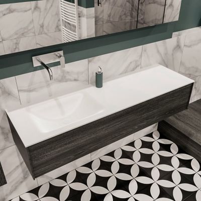 Mondiaz Lush Cloud badmeubel eiken Dark brown 150 cm 1 lade solid surface enkele spoelbak links zonder kraangat