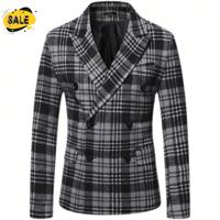 Bon&Bon Men's Plaid Wool Blend Double Breasted Suit Jacket - Coffee Dark Gray / L