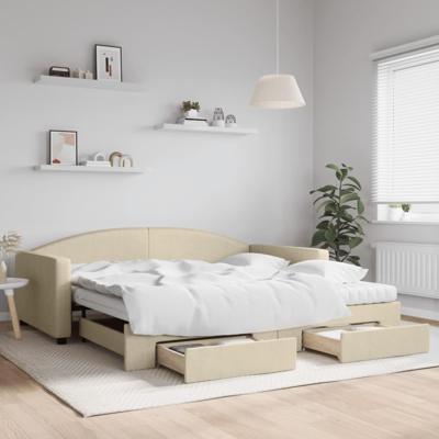 Slaapbank met onderschuifbed en lades 100x200 cm stof crème
