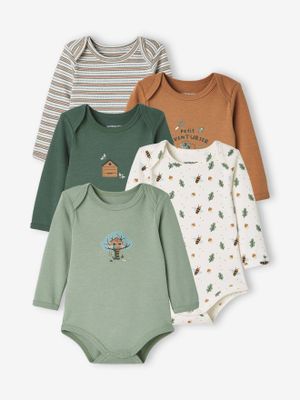 Set met 5 rompertjes met lange mouwen en US-mouwgaten set donkerkaki