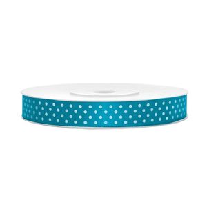 1x Turquoiseblauwe satijnlint met witte stippen rollen 1,2 cm x 25 meter cadeaulint verpakkingsmateriaal - Cadeaulinten