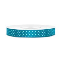 1x Turquoiseblauwe satijnlint met witte stippen rollen 1,2 cm x 25 meter cadeaulint verpakkingsmateriaal - Cadeaulinten