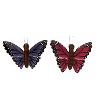 2x Houten dieren magneten paarse en roze vlinder   -