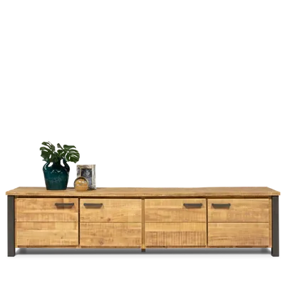 TV dressoir (210cm - 4 deuren) Steelwood - Seasoned Brown/Metaal Zwart