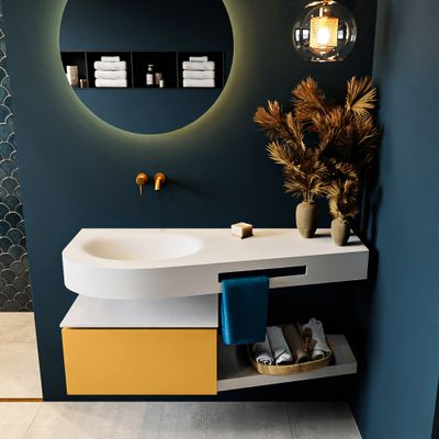MONDIAZ RIVA 120cm badmeubel onderkast / planchet kleur Ocher met 1 lade. Wastafel DULCET links 0 kraangaten kleur Talc. MONDIAZ RIVA 120cm badmeubel onderkast / planchet kleur Ocher met 1 lade. Wastafel DULCET links 0 kraangaten kleur Talc.