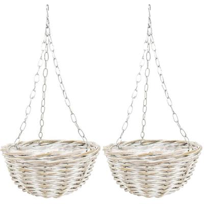 Hangmand - 2x - wit - D30 cm - rotan gevlochten - hangende plantenbak - aan ketting - hanging basket