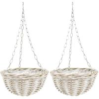 Hangmand - 2x - wit - D30 cm - rotan gevlochten - hangende plantenbak - aan ketting - hanging basket