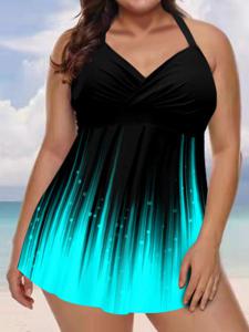 Women's Line Print Conservative Thin Belly Cover Tankini Split Swimsuit