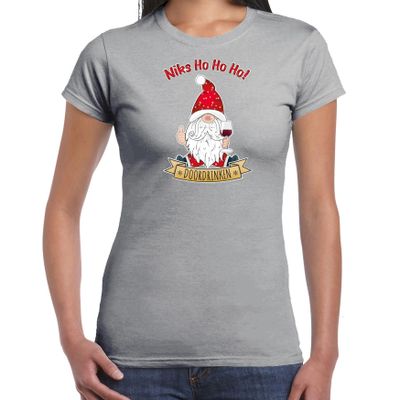 Fout kersttrui t-shirt voor dames - Wijn kabouter/gnoom - grijs - Doordrinken Fout kersttrui t-shirt voor dames - Wijn kabouter/gnoom - grijs - Doordrinken