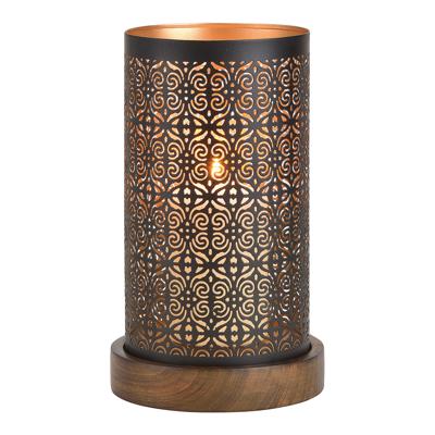 Windlicht van metaal op houten sokkel, zwart/bruin/goud (B/H/D) 13x22x13cm