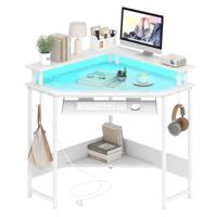Hoekbureau met Oplaadstation & LED & Toetsenbordlade & Monitorstandaard Gamingtafel Wit