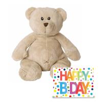 Verjaardag cadeau knuffelbeer 32 cm met XL Happy Birthday wenskaart - thumbnail