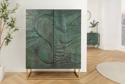 Massief highboard SNAKE 120 cm turkoois goudkleurig mangohouten slangendessin met uitgebreid 3D-houtsnijwerk - 45303