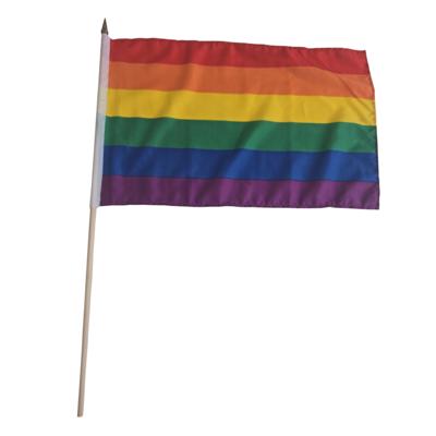 Luxe zwaaivlag regenboog 30 x 45 cm met houten stok Luxe zwaaivlag regenboog 30 x 45 cm met houten stok