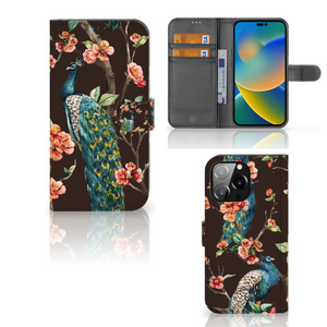 iPhone 14 Pro Max Telefoonhoesje met Pasjes Pauw met Bloemen