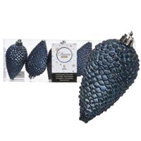 Kersthangers dennenappels - 6x st - donkerblauw - glitter - 8 cm - kunststof - kerstversiering - thumbnail