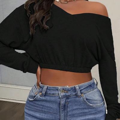 Women's Grey V-Neck Cropped Sweatshirt | Drop Shoulder Pullover Black / S