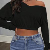 Women's Grey V-Neck Cropped Sweatshirt | Drop Shoulder Pullover Black / S