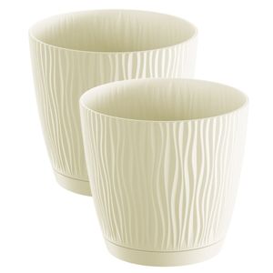 2x stuks stijlvolle kunststof plantenpot/bloempot dia 15 cm/hoogte 14 cm Waves creme wit