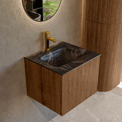 Mondiaz KURVE-DLUX 50 cm Onderkast Greeploos 1 Lade Zonder Deuren Walnut, Wastafel Solid Surface Midden Lava 1 Kraangat Zonder Spiegel (KRVGRU501L0D1KM-Wal/Lav)