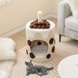 Huismand voor Katten - Verwijderbaar Kussen 360° Draaibare Krabpaal Schattige Kopvorm Hangende Pompon - Beige