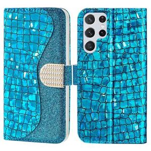 Croco Bling Series Samsung Galaxy S23 Ultra 5G Portemonnee Hoesje - Blauw