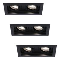 Set van 3 Durham LED Dubbele inbouwspots vierkant - 8 Watt 690 Lumen - 6500K daglicht wit - GU10 - Dimbaar Kantelbaar - Voor binnen - Zwart