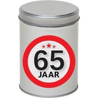 Cadeau Snoepblik - 65 jaar verjaardag - 9x13 cm - met leeftijd sticker