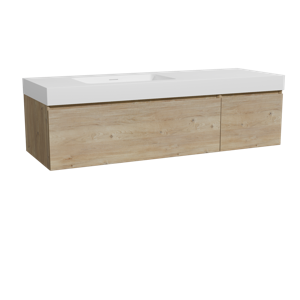 Storke Edge zwevend badmeubel 150 x 52 cm ruw eiken met Mata High asymmetrisch linkse wastafel in solid surface mat wit