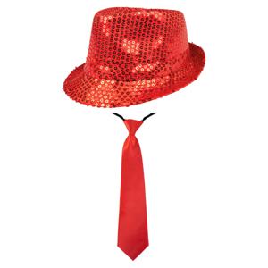 Carnaval verkleed set - hoedje en stropdas - rood - volwassenen - glitters