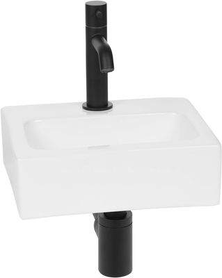 Saqu Mini fonteinset met mat zwarte kraan glanzend wit keramiek