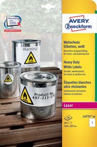 Avery L4775-20 ultra-sterke etiketten ft 210 x 297 mm (b x h), 20 etiketten, wit