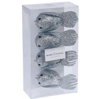 4x Kerstboomversiering glitter vogels op clip zilvergrijs 17 cm