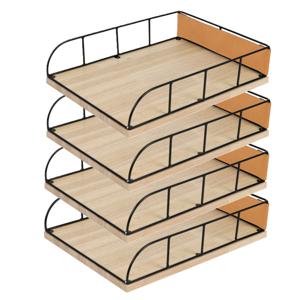 Brievenbakje/documenten opbergbak - 4x - zwart/beige - metaal/hout - L24 x B32 x H7 cm