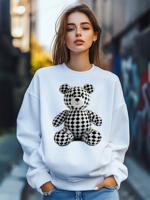 Bon&Bon Women's Teddy Bear Geometric Print Loose Crew Neck Sweatshirt White
