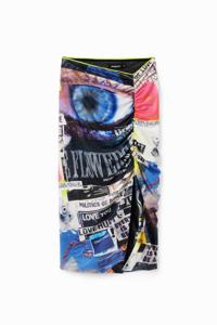 Aangerimpelde slim fit midirok met collage - BLACK - XS