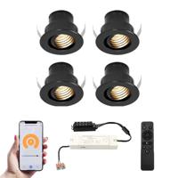 Set van 4 Medina Smart LED Mini Inbouwspots - Veranda spots - 12V 3W 150lm - Dimbaar - Kantelbaar - Wifi & Bluetooth - 2700K - IP44 - Zwart