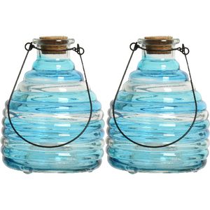 2x wespenvanger/wespenval met hengsel - glas - blauw - D13 x H17 cm