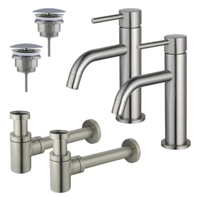 Fortifura Calvi Slim Wastafelkraanset - voor dubbele wastafel - lage wastafelkraan - always open plug - verlaagde design sifon - Geborsteld RVS PVD (RVS) 2x SW377858/2x SW696207/2x SW696217