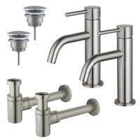 Fortifura Calvi Slim Wastafelkraanset - voor dubbele wastafel - lage wastafelkraan - always open plug - verlaagde design sifon - Geborsteld RVS PVD (RVS) 2x SW377858/2x SW696207/2x SW696217