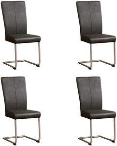 Set van 4 Donkergrijze leren industriële eetkamerstoelen Dry - poot rond rvs - Hermes Leer Antracite (donkergrijs leer)