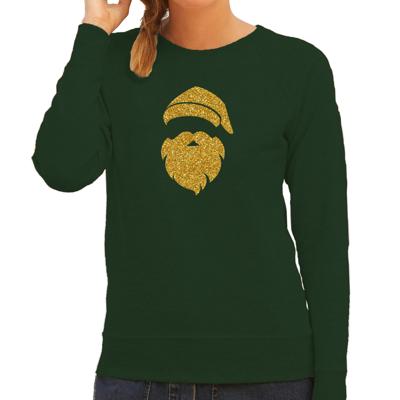 Kerstman hoofd Kerst trui - groen met gouden glitter bedrukking - dames - Kerst sweaters