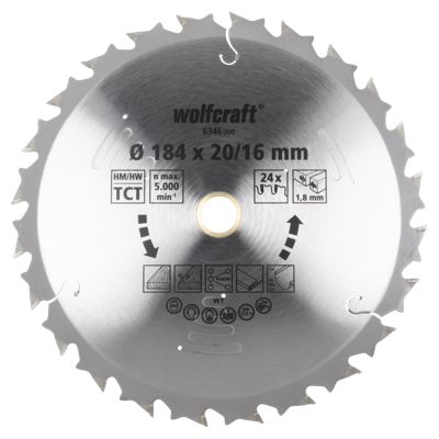 Wolfcraft Handcirkelzaagblad | Voor accu-handcirkelzagen | HM | Ø184 x 20/16mm | 1 stuk - 6346000
