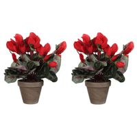 2x stuks cyclaam kunstplanten rood in keramieken pot H30 x D30 cm - Kunstplanten - thumbnail