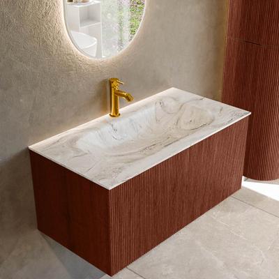 Badmeubel Mondiaz Kurve-Dlux | 90 cm cm | Meubelkleur Ruby | Wastafelkleur Glace | Solid surface | Wasbak midden spoelbak | 1 kraangat