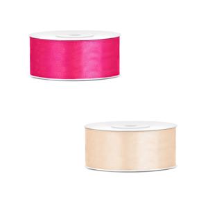 Bellatio decorations 2x rollen satijn cadeaulint/sierlint - 2.5 cm x 25 meter - roze en creme wit