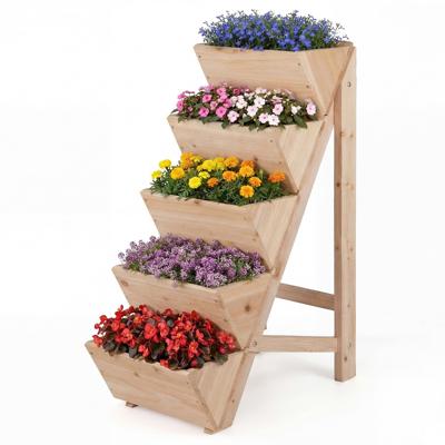 Verticale Plantenbak van 5/8 Meter Hoog Gemaakt van Sparrenhout Voorzien van V-vormige Plantbakken en een Stevige Driehoekige Voet-Naturel-5-laags