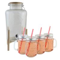 OTIX Drankdispenser - met Drinkbekers - Limonadetap - met Houten Houder - 8l - Mason jar - Set van 4 - thumbnail