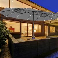 470 cm Grote Dubbele Terrasparasol met 48 Solar-LED-lampen & Kurbel Buitenparasol Grijs